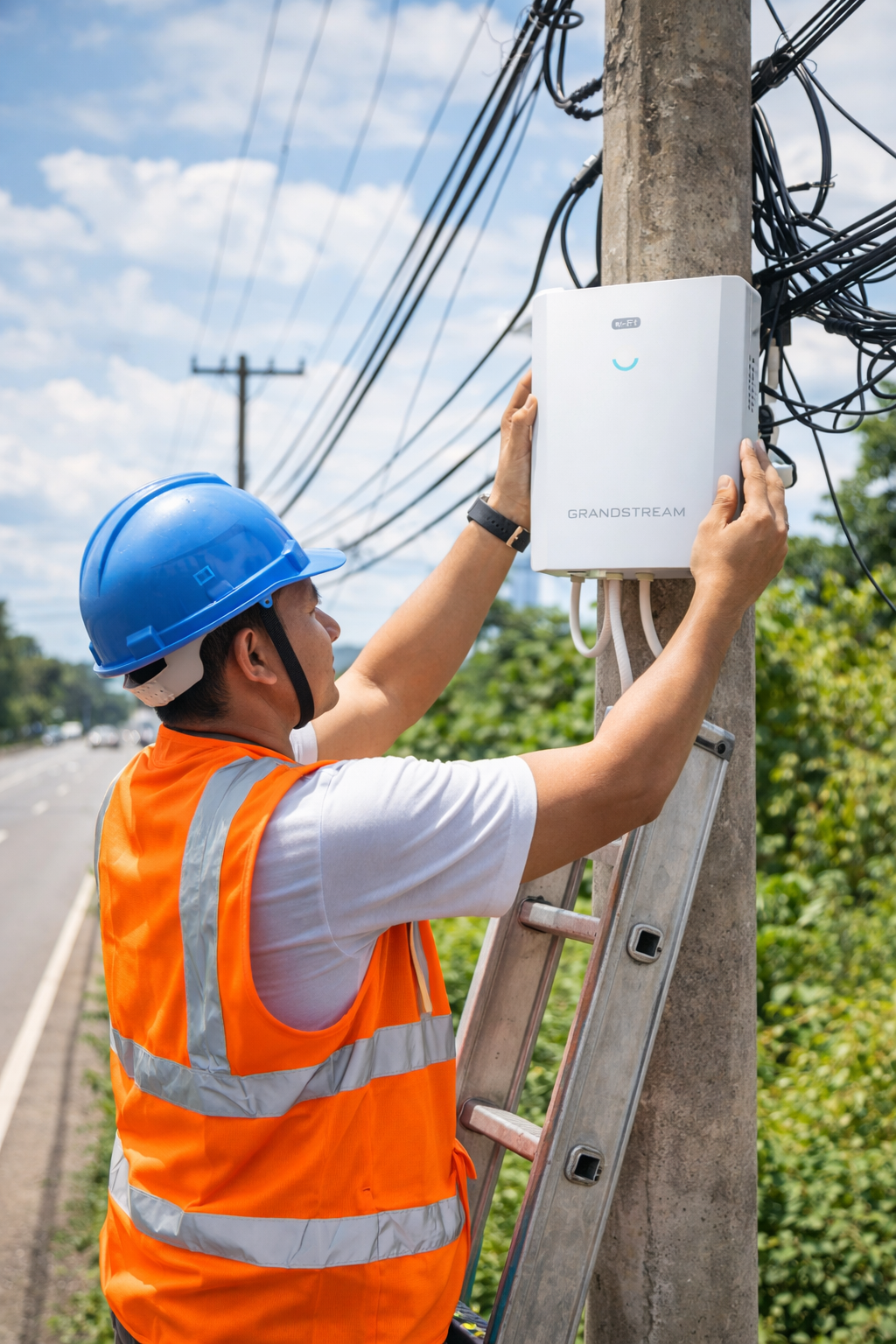 Técnico instalando equipamento de rede em poste