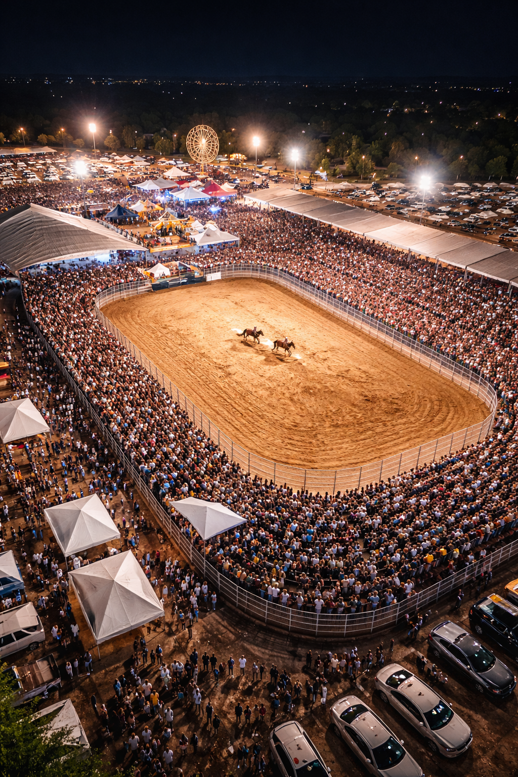 Arena lotada em evento de vaquejada à noite